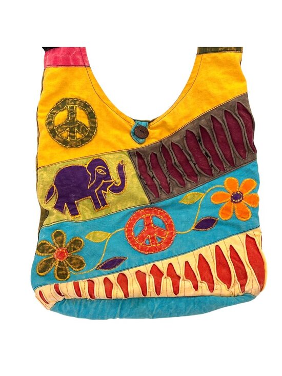 Handmade Handbags - Hippie Boho Crossbody Shoulder Bag Peace Symbols Flowers Elephant Multicolor